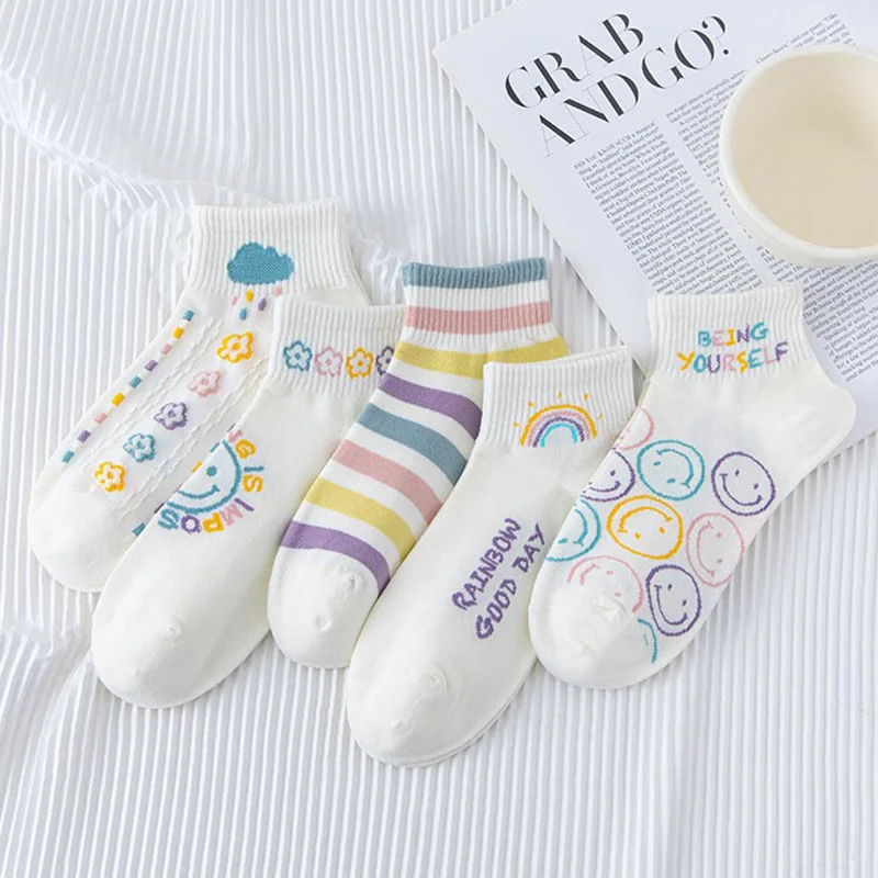 

5 Pairs Women's Socks Kit Cotton Rainbow Colorful For Women White Striped Flower Smile Korean Style Kawaii Sock Funny Calcifer
