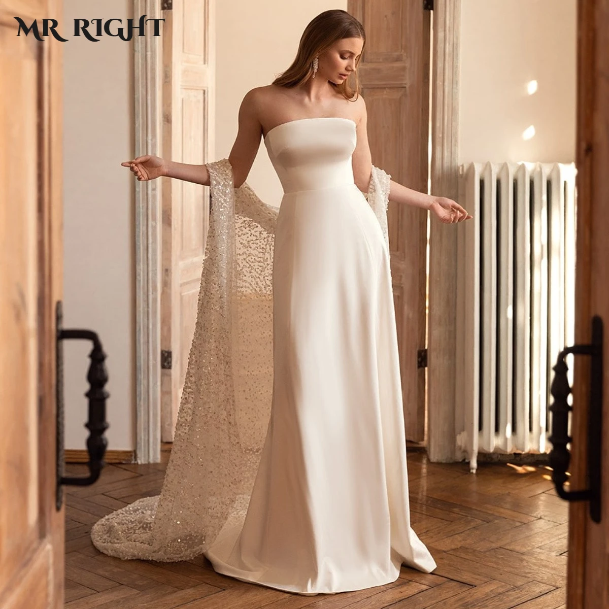 

Simple Satin Mermaid Wedding Dress with Sequin Shawl Strapless Neck Backless Civil Bridal Gown Vestido De Novia