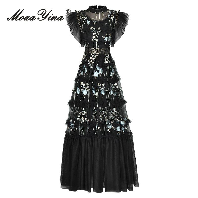 MoaaYina Summer Fashion Designer Vintage Mesh Party Dress Women's Stand Collar Embroidery Elastic Waist Ruffles Black Long Dress