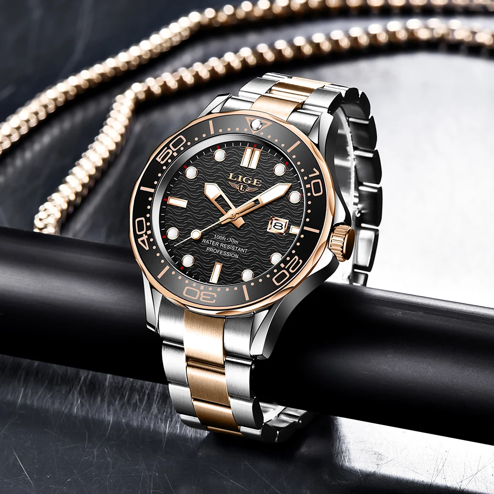 Часы наручные LIGE Мужские кварцевые брендовые Роскошные модные