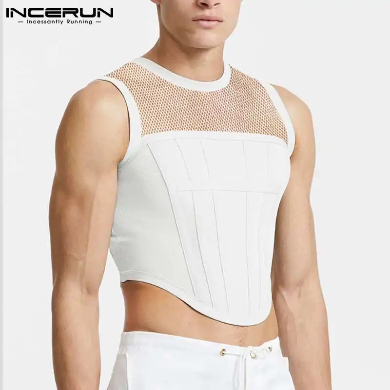 

Fashion Men's Sexy Breathable Mesh Waistcoat Well Fitting Male Stitching Elastic See-though Sleeveless Vests INCERUN Tops 2022