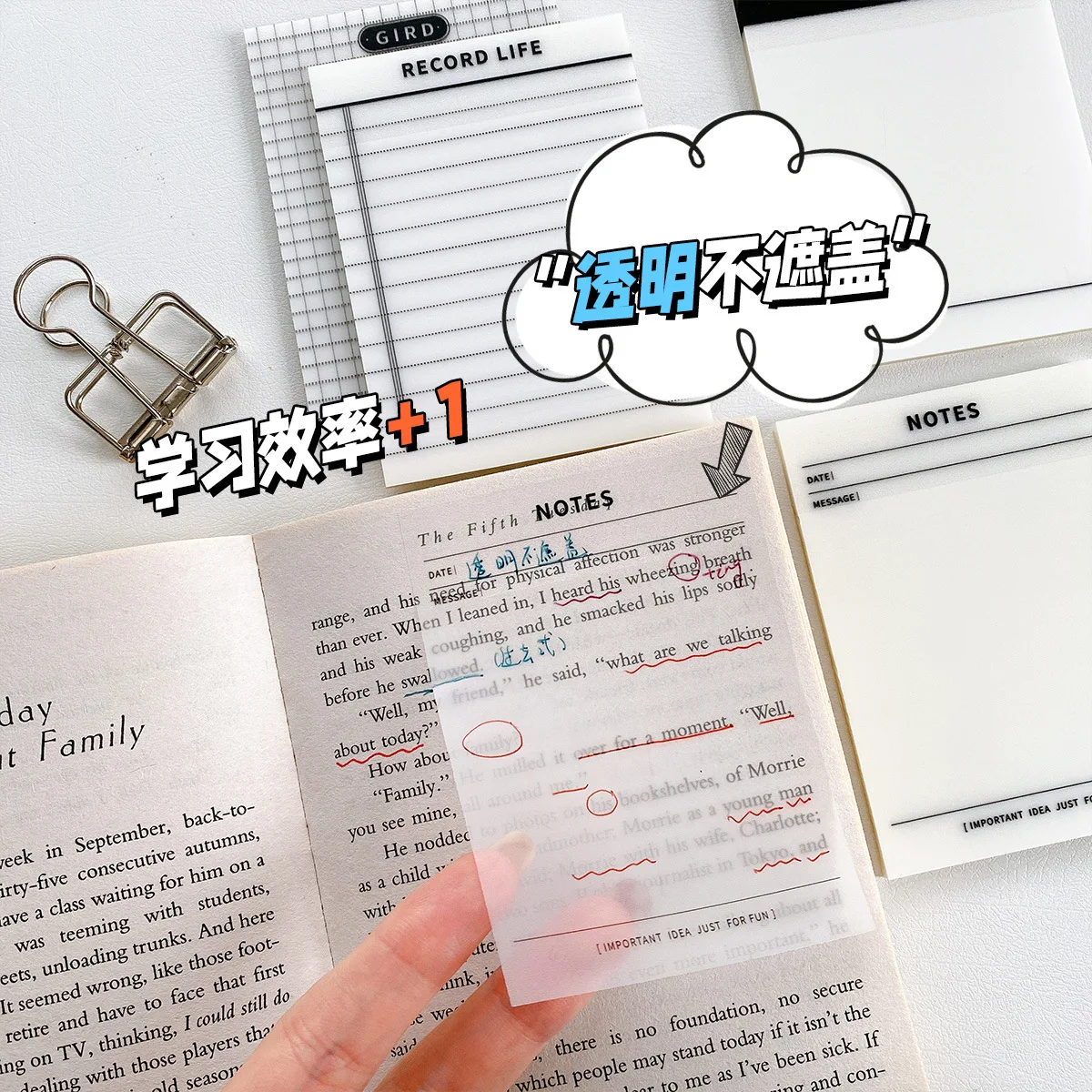 

50 Sheets PET Transparent Waterproof Sticky Note Pads Notepads Posits for School Stationery Office Supplies