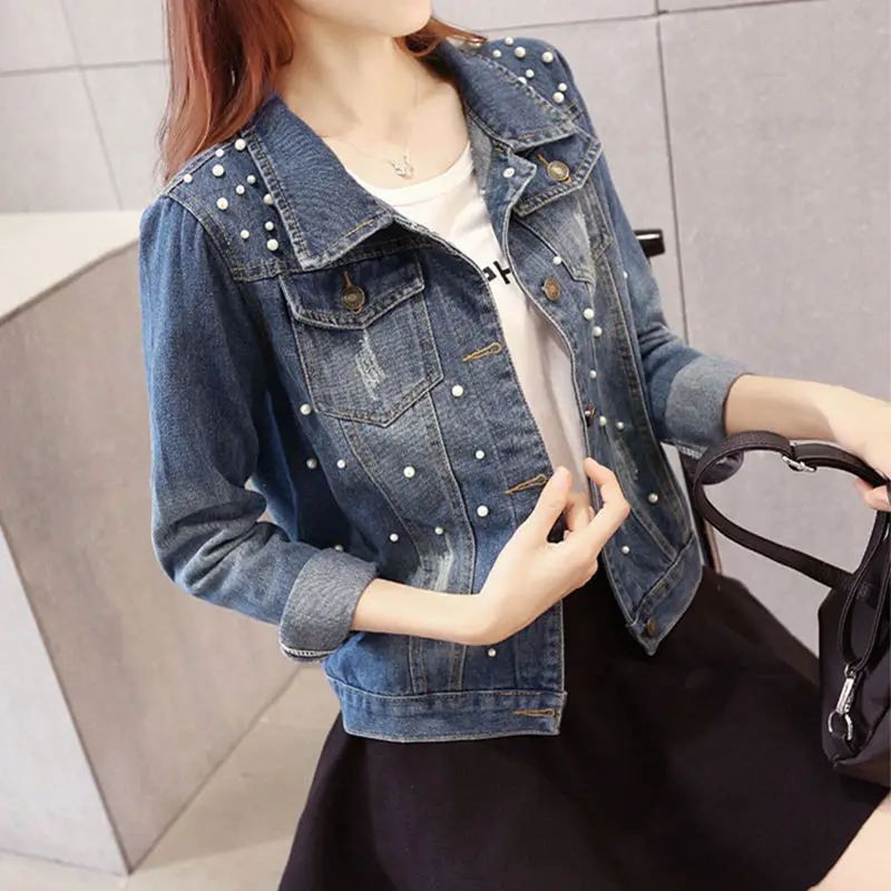 

Women 2022 Spring Autumn New Fashion Pearl Beading Short Denim Jackets Female Casual Jeans Jacket Long Sleeve Denim Coat 5XL R83