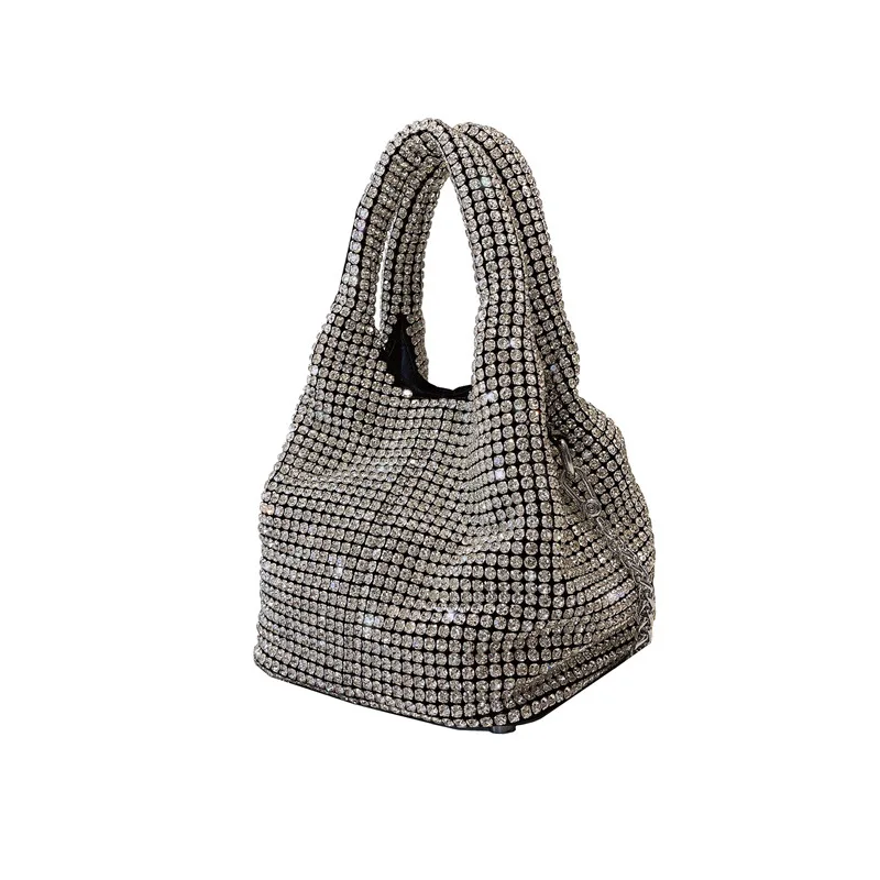

Rhinestone Bag Crystal Bucket Luxury Stylish Bling Evening Handbags Sparkling Crossbody for Women Metal Chain Wedding Purse