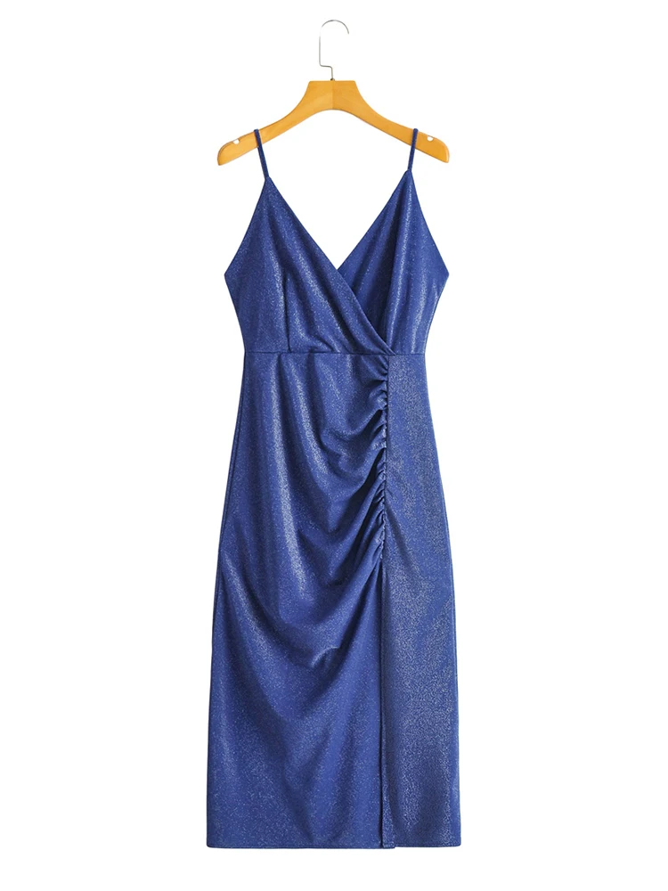 

Summer Blue Glitter Spaghetti Strap Dress Women V-neck Folds Slim Split MidI Dresses 2022 robe femme