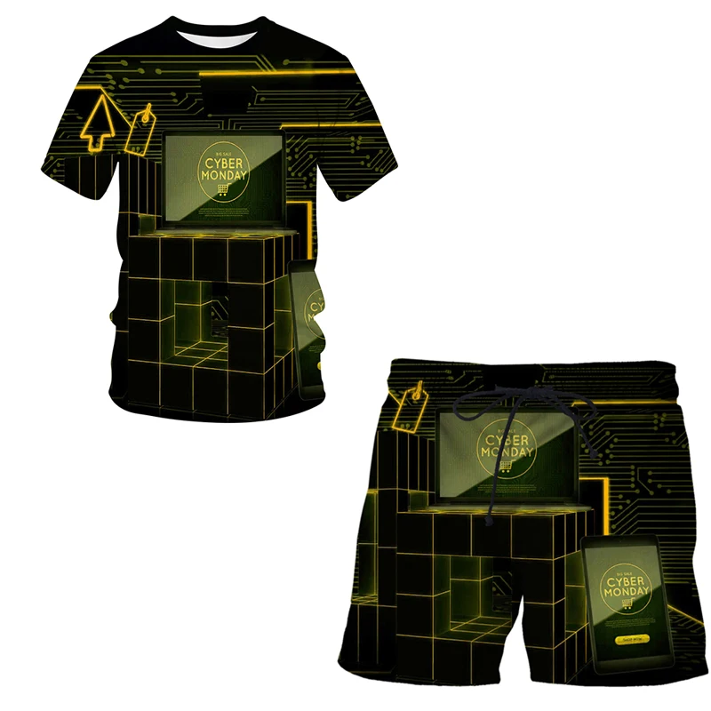 

Harajuku AI Technology Series T-shirt Shorts Set 2pcs Tracksuit Tops Suit Beach Short Clothing Men Women Summer 2022 New Casual