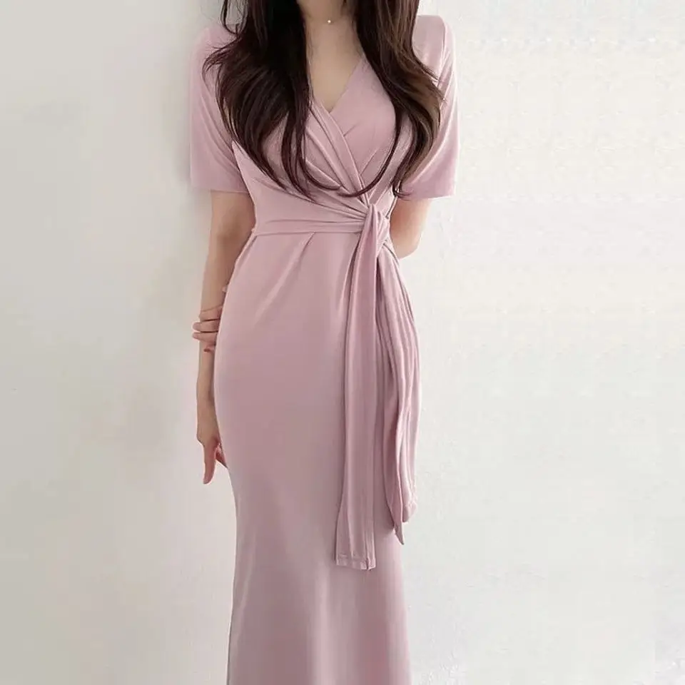 Modal Wrap Hip Sexy Dress Korean Fashion Woman Clothes Short Sleeve Women's Summer Long Dress Bandage Vestidos Elegantes Mujer