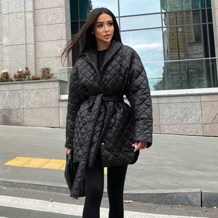 Winter Clothes Ins Slim Fitting Parkas Bandage Long Sleeve Plaid Long Personalized Cotton Coat Women's Winter Top Ry*