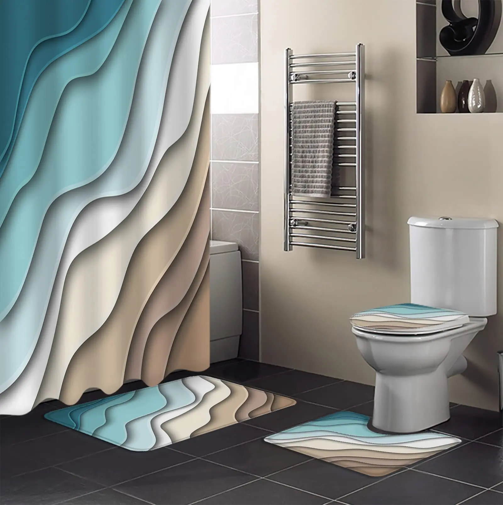 S Set For Bathroom Brown Abstract Ocean Wave Bathroom Sets, Rugs, Toilet Lid Cover