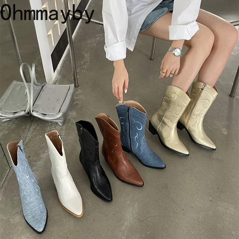 

Woman Western Cowgirl Boot Fashion Side Zippers Square Mid Heel Shoes Ladies Elegant Short Booties Autumn Winter