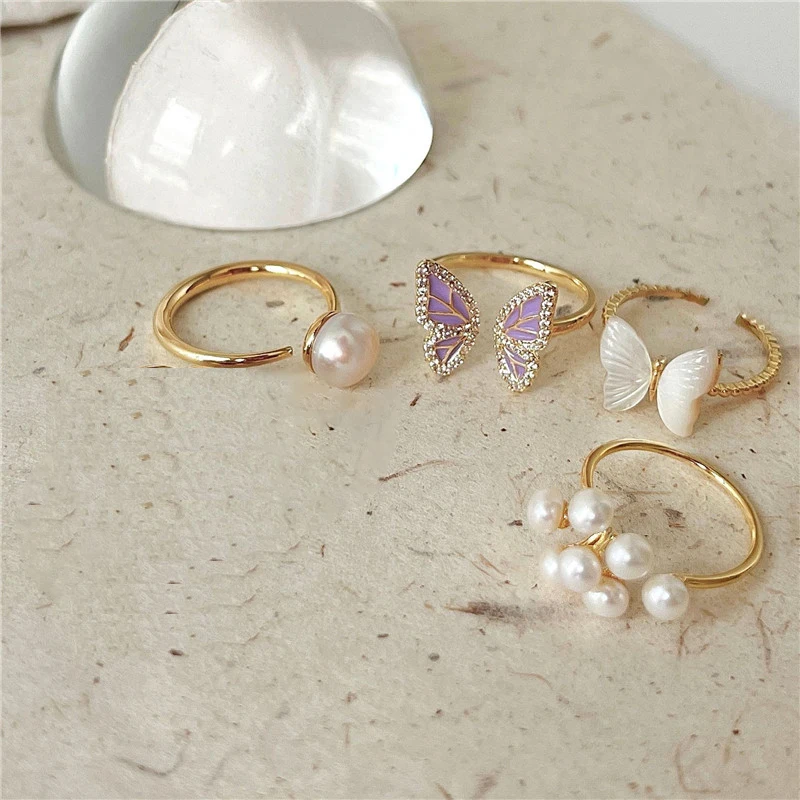 

Korean Fashion Pearl Butterfly Open Adjustable Ring For Women Exquisite Socialite Zircon Finger Ring Vintage Jewelry Gifts