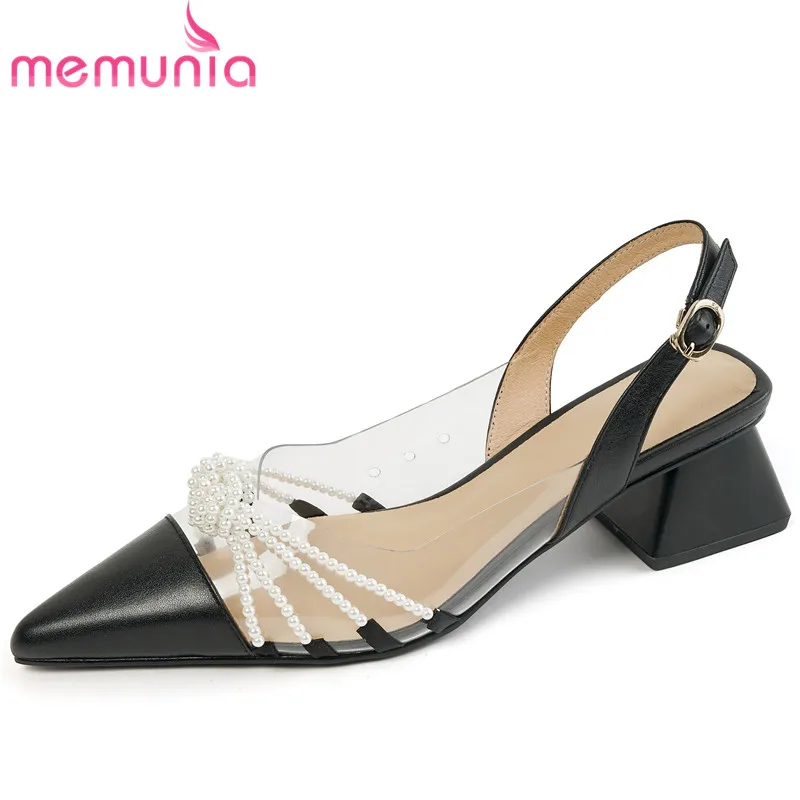 

MEMUNIA 2022 New Arrive Square Med Heels Shoes String Bead Genuine Leather Sandals Woman Office Ladies Dress Shoes