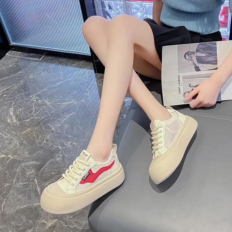 Attractive Round Toe Mesh Sneakers Girls Casual Thick Bottom Skateboard Shoes School Student Vulcan Trainers Womens Stylish Shoe