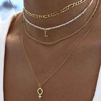 ywzixln trend elegant jewelry multilayer white beads geometry twist chain necklace for women letter pendant necklace n0330