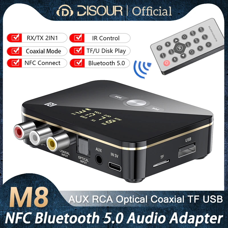 

NFC Bluetooth 5.0 Transmitter Receiver 3.5mm RCA Optical Coaxial TF/U Disk Play/IR Control LED Wireless Audio Adapter For TV PC