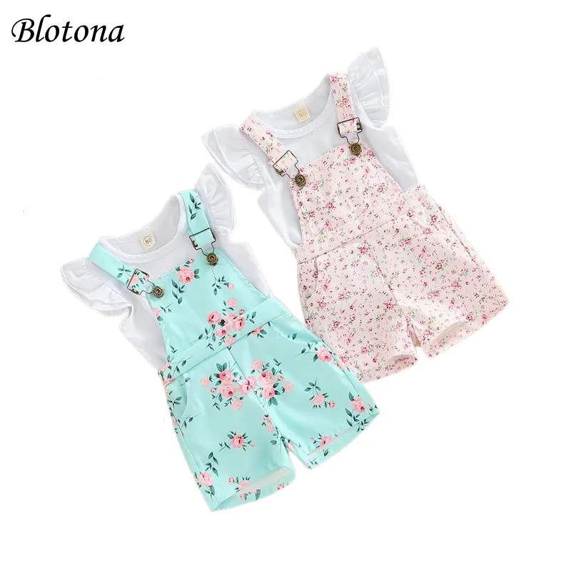 

Blotona Little Girls 2Pcs Overalls Set, Fly Sleeve O-Neck T-Shirt, Floral Pattern Copper Buttons Suspender Short Pants, 1-5Years