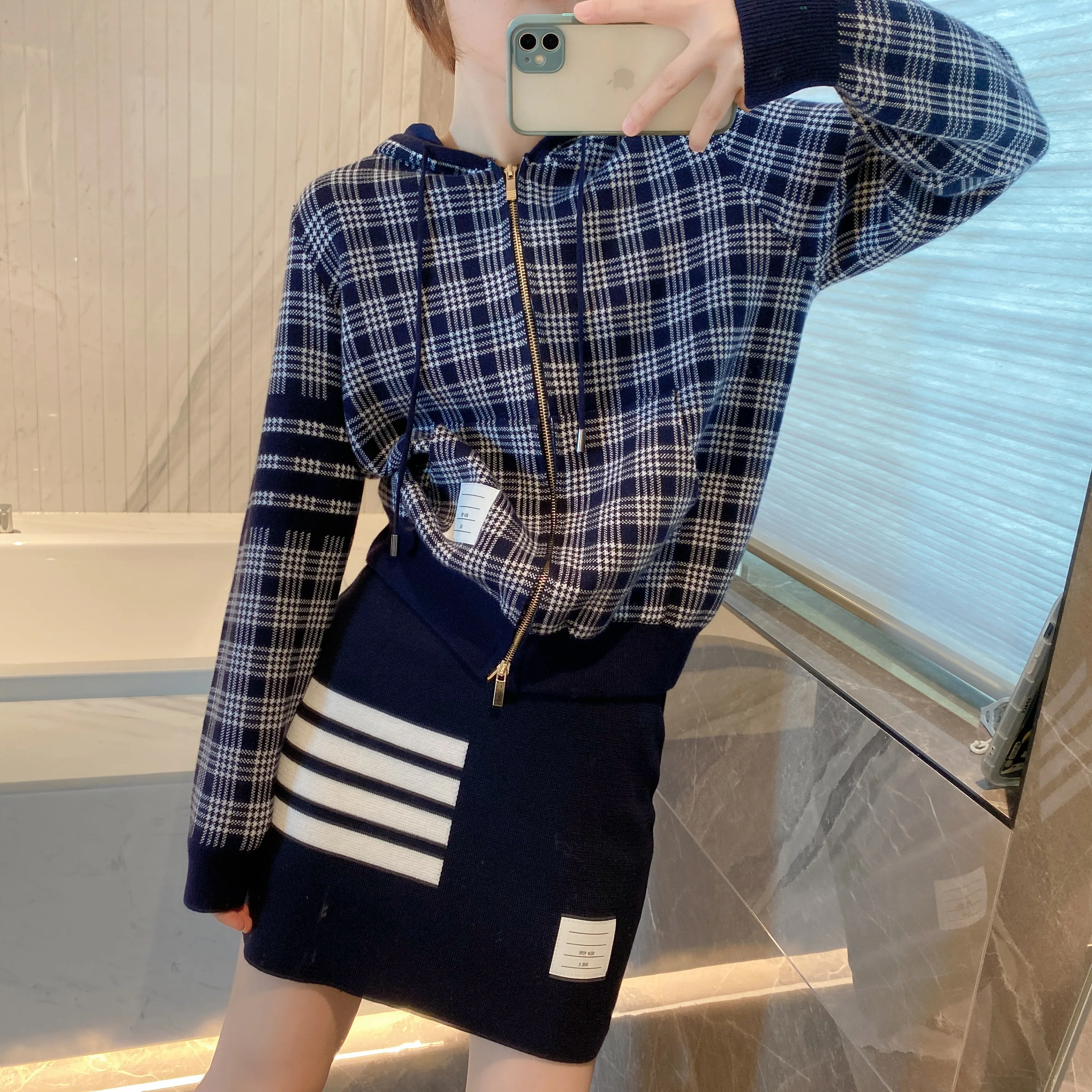

TB High Quality Korean Fashion Women's Plaid Hooded Zippered Cardigan Four Stripes Wool Knitted Long Sleeve Top Coat