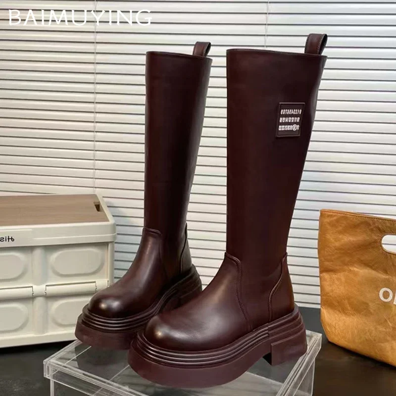 Женские высокие сапоги на платформе модная обувь среднем каблуке кожаные до