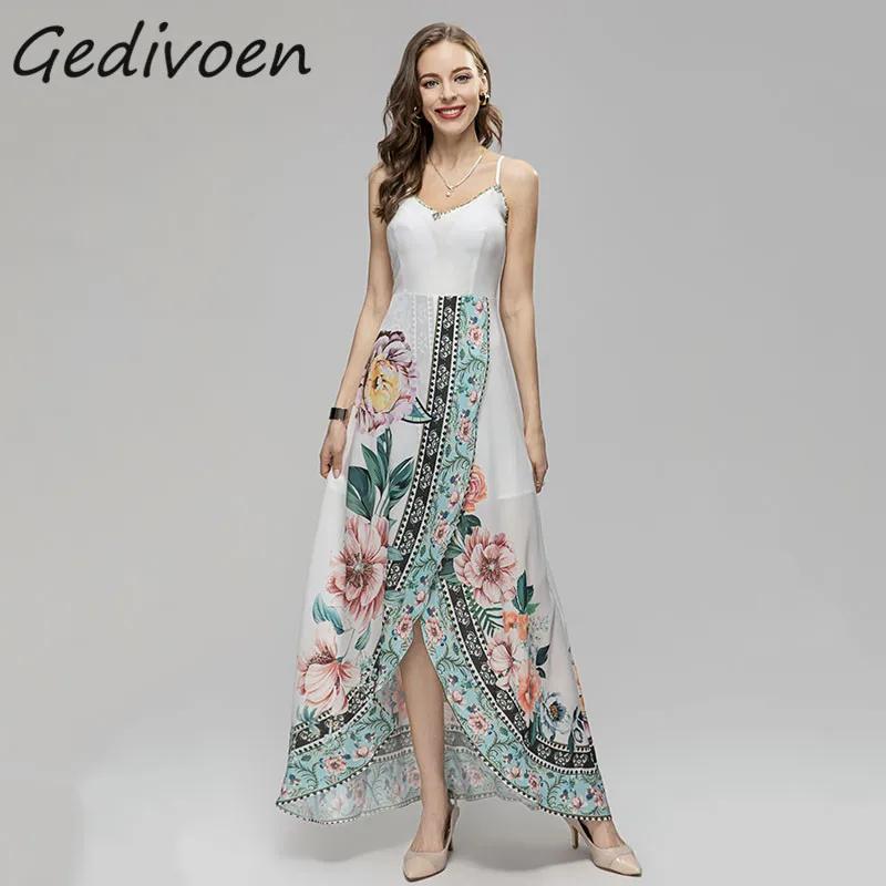 

Женское модельное платье на бретельках Gedivoen, винтажное длинное платье с V-образным вырезом, открытой спиной, бисером, высокой талией, разрезом и асимметричным подолом, лето