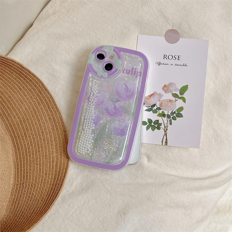 

Creative Quicksand Purple Tulip Flower Phone Case Cover for IPhone 11 12 13 Pro X XR XS Max Shockproof Case for IPhone 13 Cases