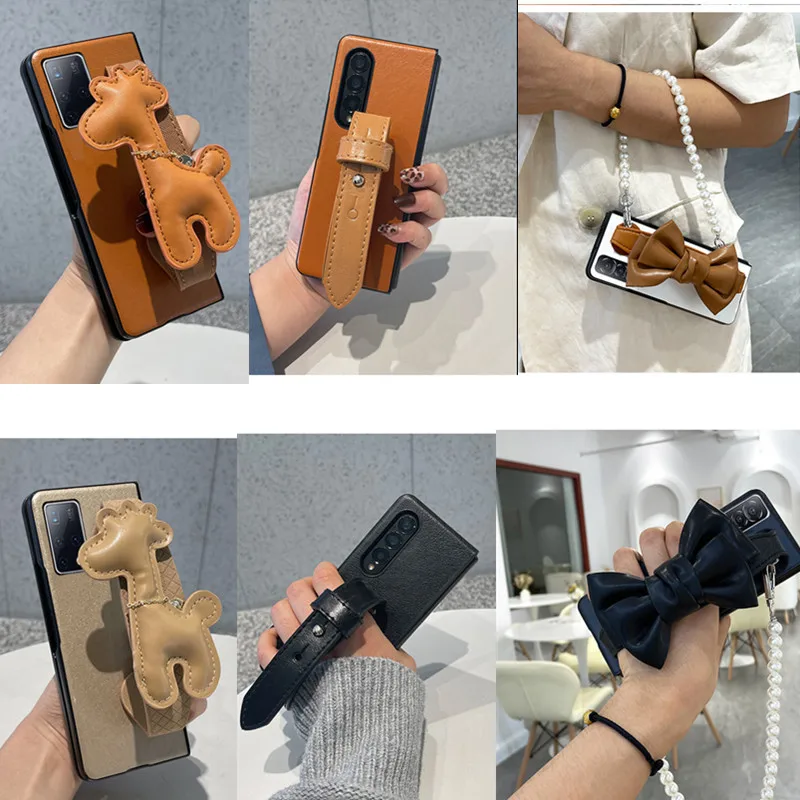 Z Fold4 Case Fashion Cute DIY Wrist Strap Giraffe Bow Pearl Chain Phone Case For Samsung Galaxy Z Fold 3 Case Z Fold 2 1 Cover 5