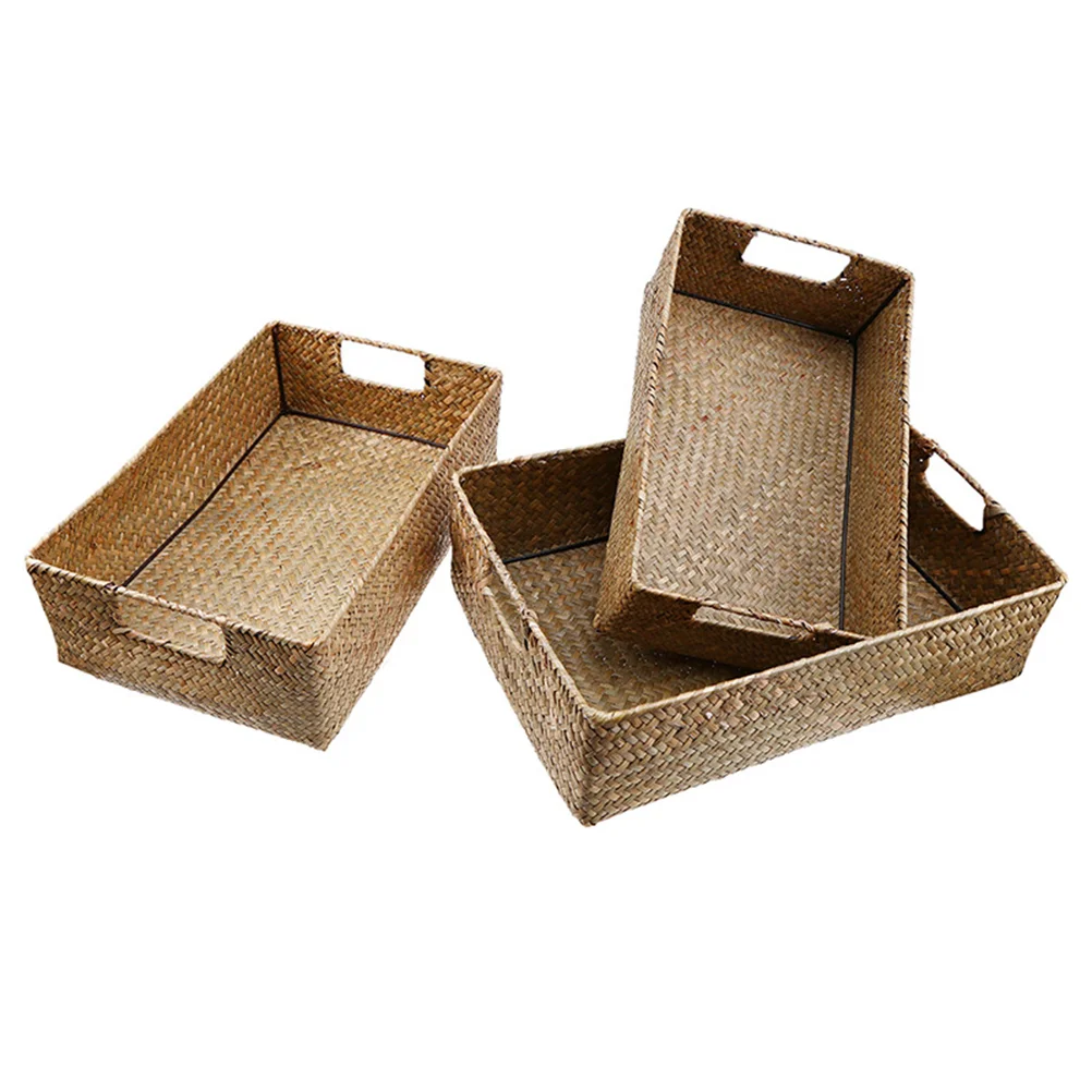 

Retro Hand-woven Seaweed Storage Basket Household Rectangular Sundries Organizer Storage Box for Home Clothes - Wicker