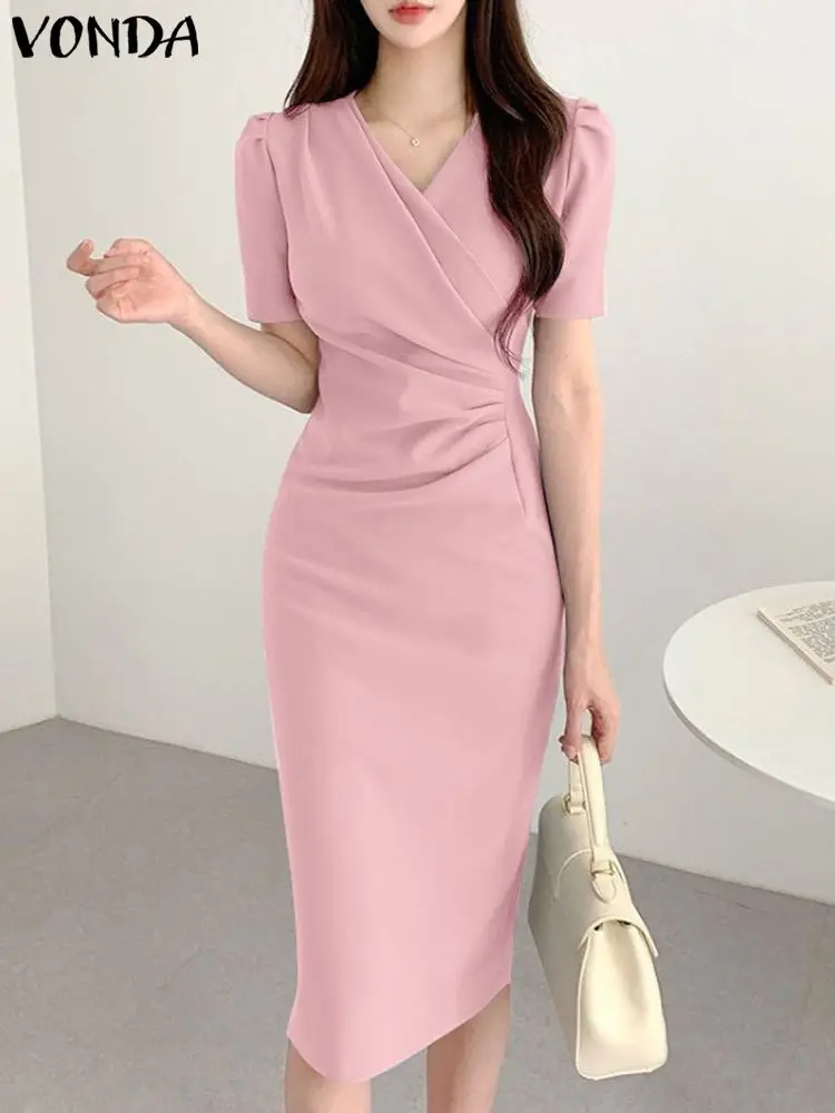 

Women Elegant OL Dress 2023 VONDA Summer Fashion Mid-Calf Sundress Sexy V-Neck Solid Color Short Sleeve Beach Pleated Vestidos
