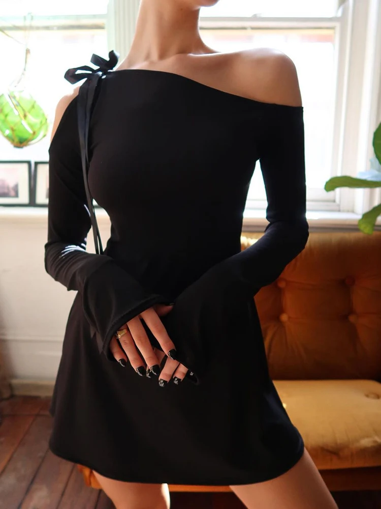 

Articat Sexy Lace up Slim Fit Off Shoulder Women's Dress Long Sleeve Tight Ruffled Mini Female Dress Wrapped Hip Party Clubwear