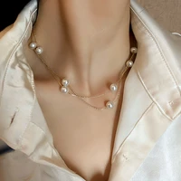 2022 new fashion korea pearl choker necklace elegant double layer chain pendant for women jewelry wedding party birthday