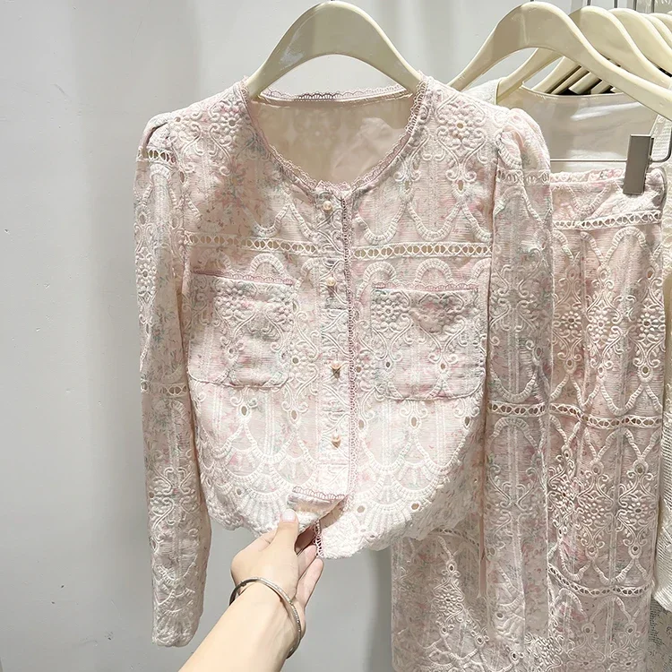 Кружевной цветочный принт Розовый комплект из 2 предметов с круглым вырезом и