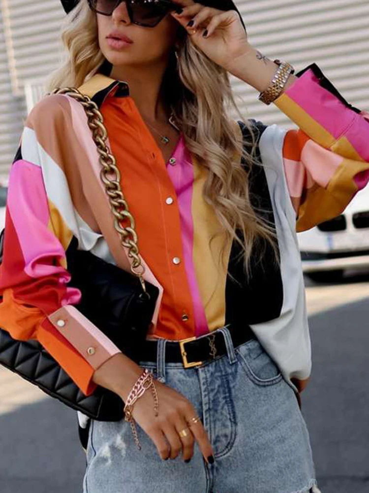 

Женская рубашка с принтом, элегантная однобортная рубашка с отворотом и рукавами-фонариками, модные повседневные Дамские топы с длинным ру...