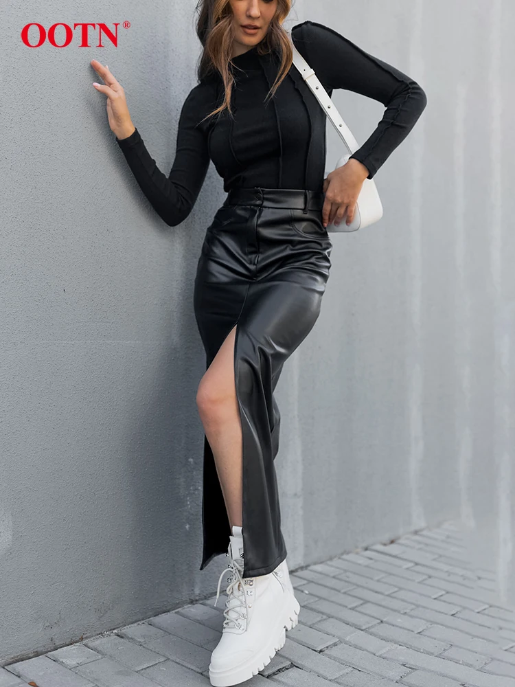 

Женская офисная юбка с высокой талией OOTN, черная элегантная облегающая прямая юбка из искусственной кожи, уличная шикарная юбка до щиколотки на молнии, 2023