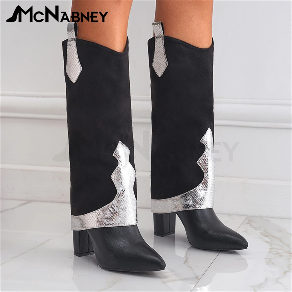 Novelty Chelsea Women Boots Knee Boots Retro Fashion Style Women Shoes Chunky Heels Round Toe High Heels Classics Boots Women
