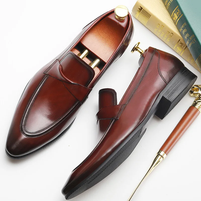 

Luxury Mens Penny Loafers Genuine Calf Leather Burgundy Men Dress Shoes Italian Designer Handmade Slip On Male Wedding Shoes