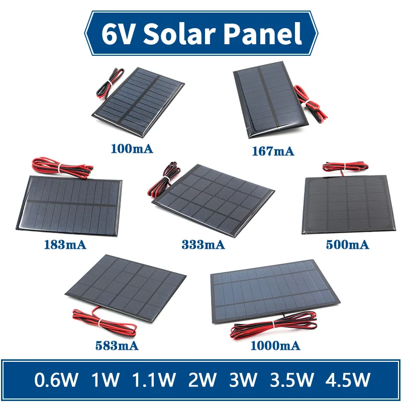 6V Solar Panel with wire Mini Solar System DIY For Battery Cell Phone Charger 0.6W 1W 1.1W 2W 3W 3.5W 4.5W Solar