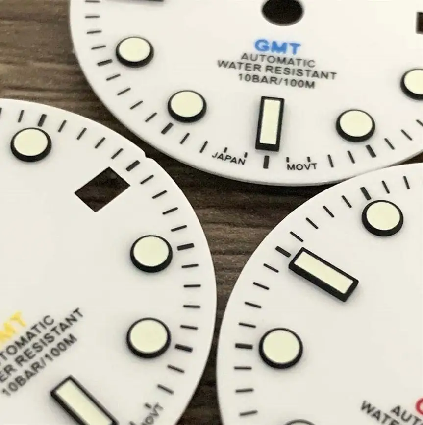 Watch Accessories 29MM Dial Enamel White Letter Dial Green Luminous GMT 4 Hands Dial for NH34 Movement