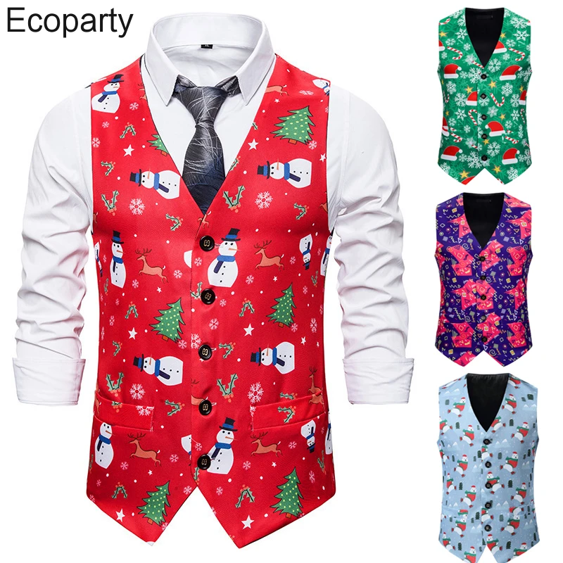 

Мужской костюм с принтом Санта Клауса, однобортный модный Приталенный топ без рукавов с V-образным вырезом для рождественской вечеринки, выпускного, 2022