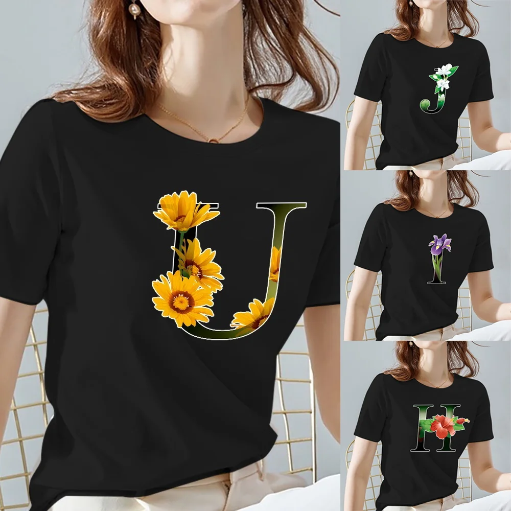 

T Shirts Women 2022 Black Classic Tops O-Neck Fashion Flower Color Initials Name Pattern Short Sleeve Tee Women's Clothing