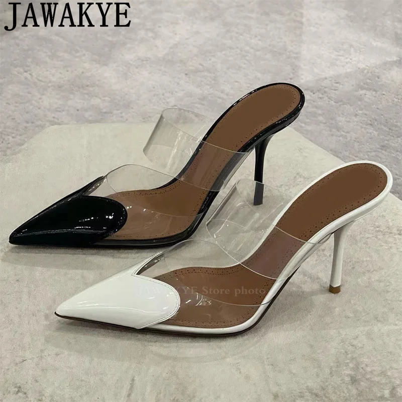 

Pointy Toe Transparent PVC Thin High Heel Slippers Women Heart-shaped Design Brand Mules Ladies Summer Sexy Dress Party Shoes