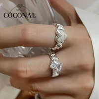 coconal smooth silver color heart shaped geometric chain open ring women fashion square crystal ring party high quality jewelry