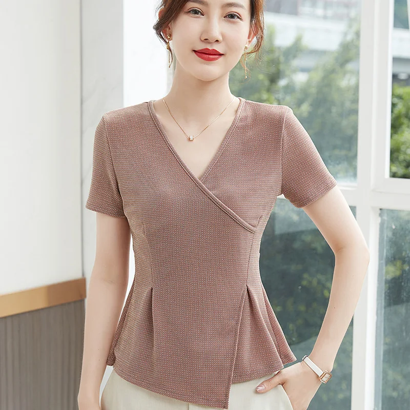 

Женская футболка с коротким рукавом, модная повседневная нестандартная рубашка с V-образным вырезом, элегантная тонкая однотонная блузка