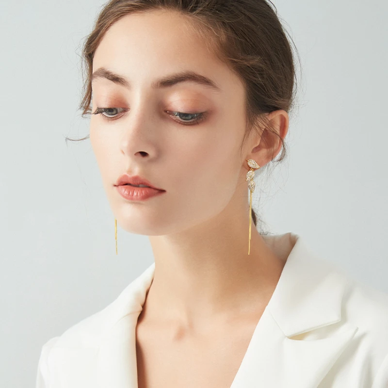 

Женские серьги с кисточками, серьги из серебра 925 пробы с длинной цепочкой, инкрустированные листьями, 2023