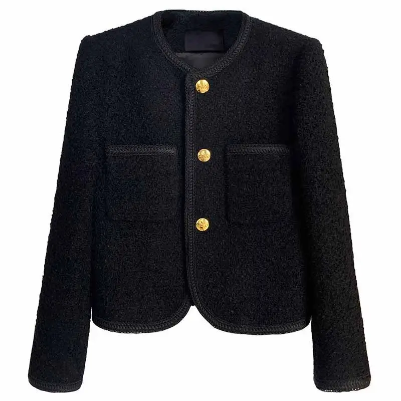 Women's Autumn New 30% Wool Coat Trendy Black Cropped Tweed Lady Top Korean High Quality Jacket Clothing images - 6