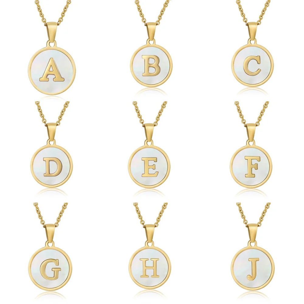 White Shellfish Stainless Steel Initial Letter Necklace Gold Color A-Z Alphabet Round Pendant Neck Chain Choker Jewelry for Girl