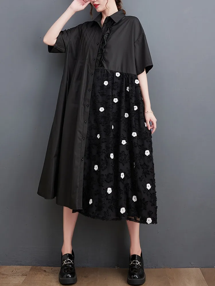 

Женское Хлопковое платье с коротким рукавом, черное винтажное длинное платье-рубашка с цветочным принтом, свободного покроя, элегантная одежда большого размера, лето 2023