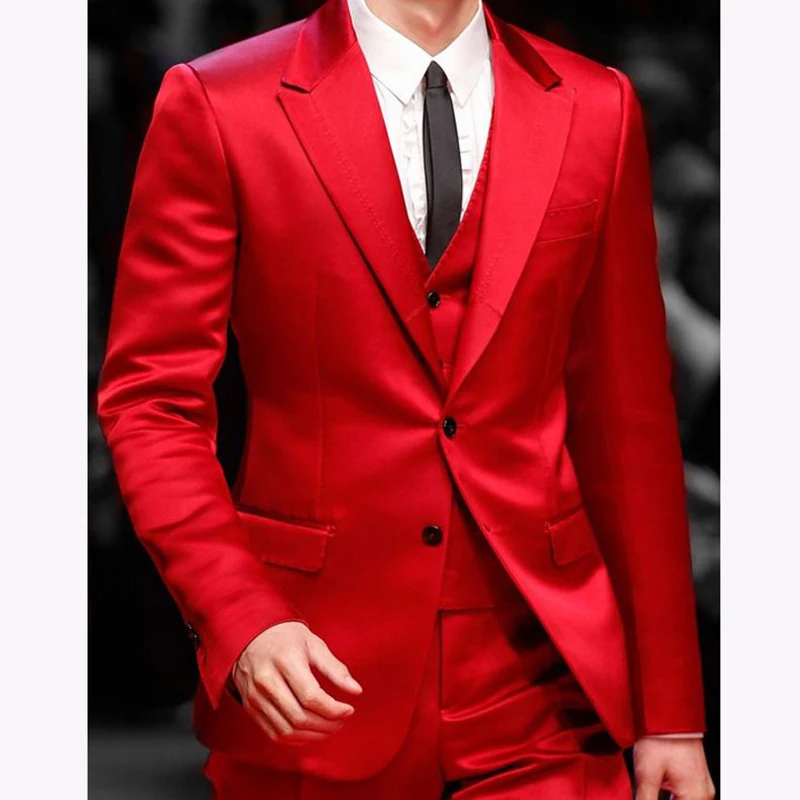 2023 Slim Fit Red Men Suits for Prom Singer Stage 3 Piece Satin Wedding Groom Tuxedo Male Fashion Jacket Waistcoat With Pants