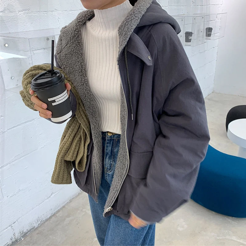 Double-Faced Cotton Padded Jacket Women Autumn Winter Loose Cotton-Padded Casual Lamb Wool Can Be Worn On Both Sides Coat Parkas