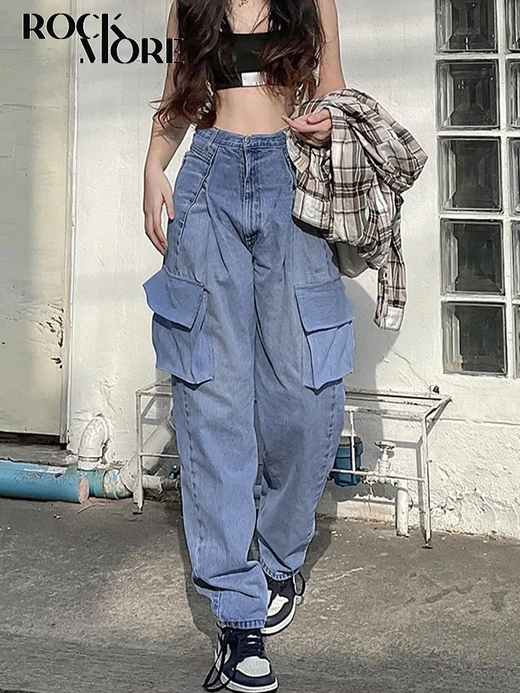 

Rockmore Blue Jeans Women 2022 y2k Streetwear Baggy High Waist Wide Leg Denim Trouser Fashion Pockets Cargo Pants Casual Korean