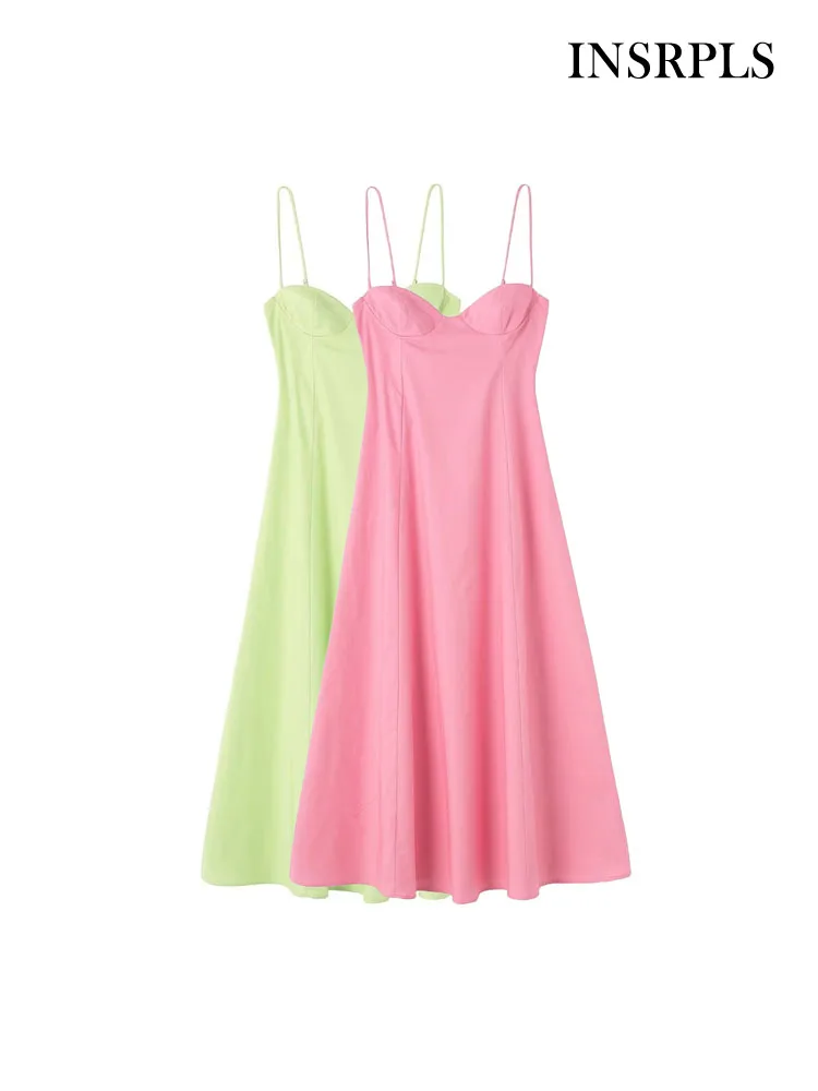 

Женское платье-миди из поплина, с открытой спиной, на тонких бретельках