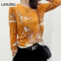 velvet print knitted sweater womens 2022 spring autumn new orange fashion sweater bottoming shirt long sleeved top